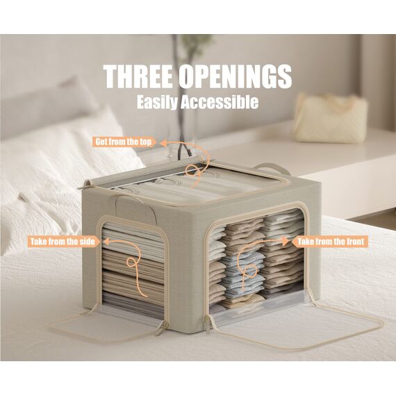 Große Kleideraufbewahrungskörbe mit Metallrahmen, faltbare Kleidung organisiert und aufbewahrt, Leinen-Aufbewahrungsbox mit transparentem Fenster, beige, 66 l)