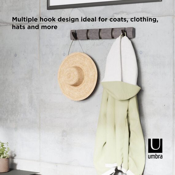 Umbra Flip 8 Garderobenhaken - Moderne, Schlichte und Platzsparende Garderobenleiste mit 8 Beweglichen Haken für Jacken, Mäntel, Schals, Handtaschen und Mehr, Grau/Zinnfarben