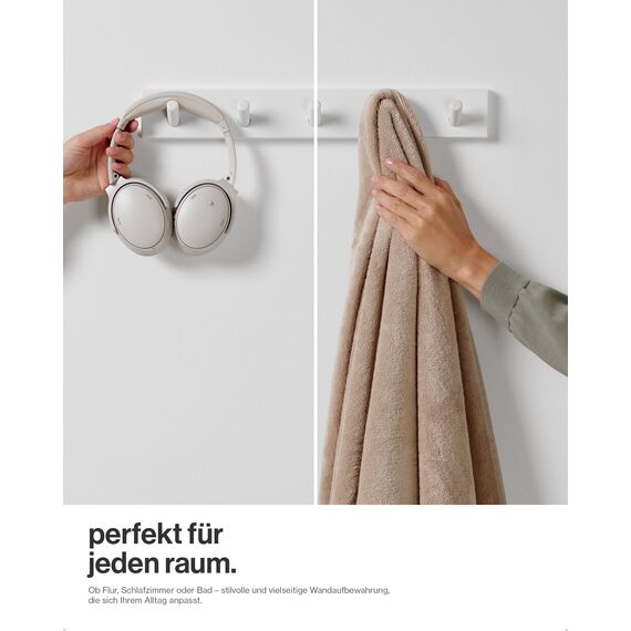 LARHN Garderobenhaken Weiß - Garderobenleiste Weiß mit 5 Haken - 43 cm - Kleiderhaken Wand - Wandgarderobe für Flure, Garderoben, Schlafzimmer und Badezimmer