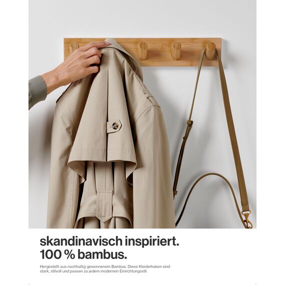 LARHN Garderobenleiste Holz mit 5 Haken XL, 42cm - Wandgarderobe, Jackenhalter Wand, Hakenleiste Garderobe Wand, Kleiderhaken, Garderobenhaken