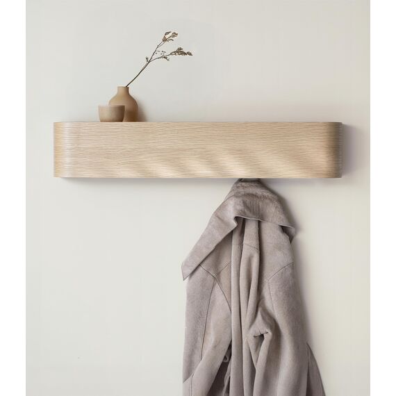 Kazai. Wandgarderobe 'Toke' | Moderne Design-Garderobe mit verdeckten Wandhaken | Garderobenpaneel aus Massivem Echtholz-Furnier | Eiche, weiß