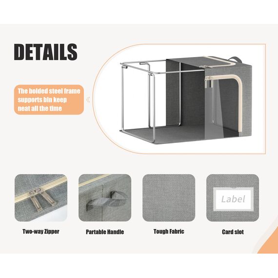 Furnhome 3er Pack Modern Hellgrau 40L Leinen Kleidung Aufbewahrungsbehälter mit Metallrahmen Faltbar Stapelbar Klares Fenster 42.0 x 32.0 x 30.0 cm