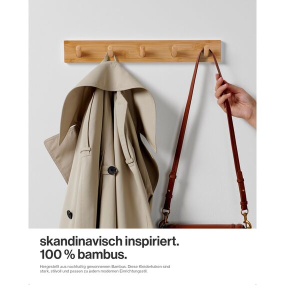 LARHN Garderobenhaken Holz - Garderobenleiste Holz mit 5 Haken - 43 cm - Kleiderhaken Wand - Wandgarderobe für Flure, Garderoben, Schlafzimmer und Badezimmer