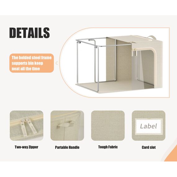 Furnhome Kleideraufbewahrungsbehälter mit 3 Öffnungen und Metallrahmen, faltbare Kleidung organisiert und aufbewahrt, Stoff-Aufbewahrungsbox mit transparentem Fenster, Beige, 40 l