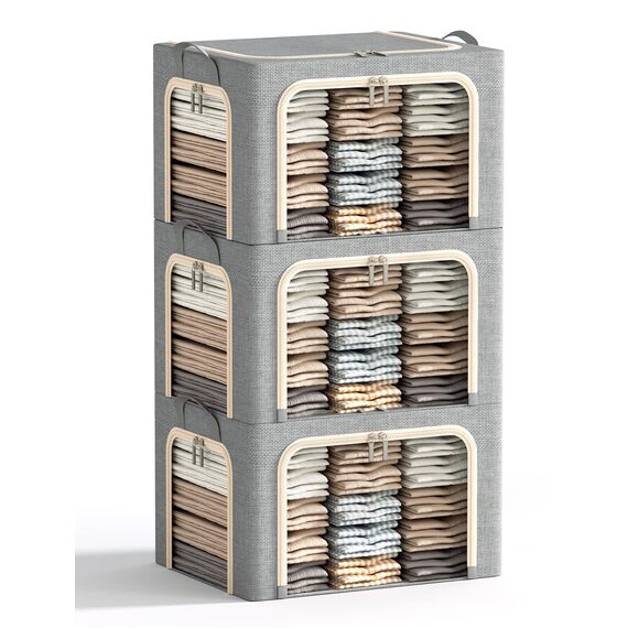 Große Kleideraufbewahrungskörbe mit Metallrahmen, faltbare Kleidung organisiert und aufbewahrt, Leinen-Aufbewahrungsbox mit transparentem Fenster, hellgrau, 66 l)