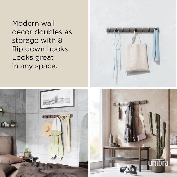 Umbra Flip 8 Garderobenhaken – Moderne, Schlichte und Platzsparende Garderobenleiste mit 8 Beweglichen Haken für Jacken, Mäntel, Schals, Handtaschen und Mehr, Weiss/Nickel