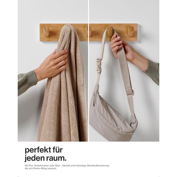 LARHN Garderobenleiste Holz mit 5 Haken XL, 42cm - Wandgarderobe, Jackenhalter Wand, Hakenleiste Garderobe Wand, Kleiderhaken, Garderobenhaken