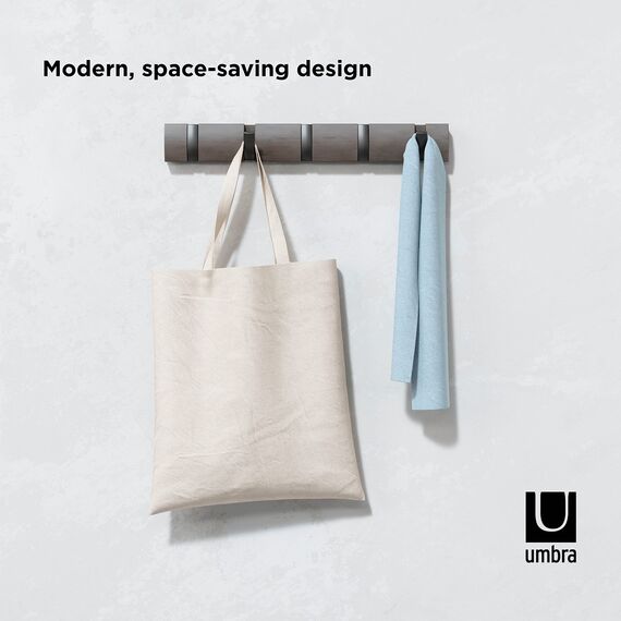 Umbra Flip 5 Garderobenhaken - Moderne, Schlichte und Platzsparende Garderobenleiste mit 5 Beweglichen Haken für Jacken, Mäntel, Schals, Handtaschen und Mehr, Grau/Zinnfarben