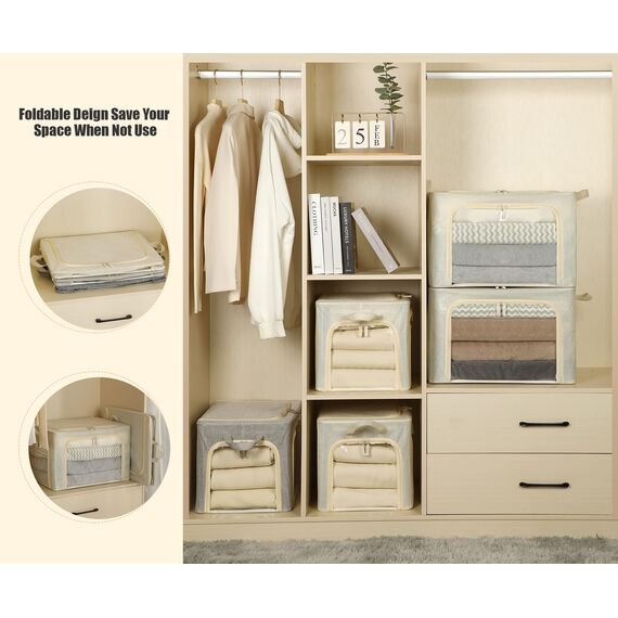 Große Kleideraufbewahrungskörbe mit Metallrahmen, faltbare Kleidung organisiert und aufbewahrt, Leinen-Aufbewahrungsbox mit transparentem Fenster, beige, 66 l)