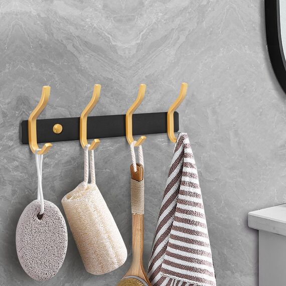 MEIJO Garderobenhaken Edelstahl, Hakenleiste Kleiderhaken Wand mit 4 Haken, Garderobe Garderobenleiste Wandgarderobe für Schlafzimmer Bad Küche (Schwarz & Golden, 4 Haken)