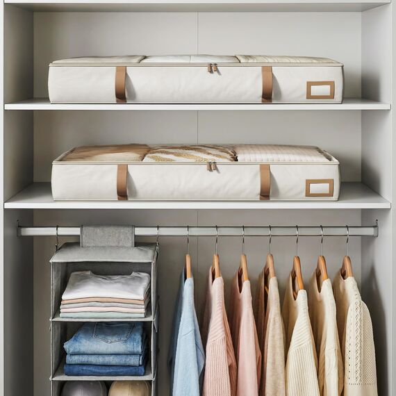 Vailando Unterbett-Aufbewahrungsbehälter, faltbare Aufbewahrungsbehälter für Decken, Bettdecke und saisonale Kleidung, 15,2 cm hoch, Beige mit braunen Ledergriffen, 2 Stück