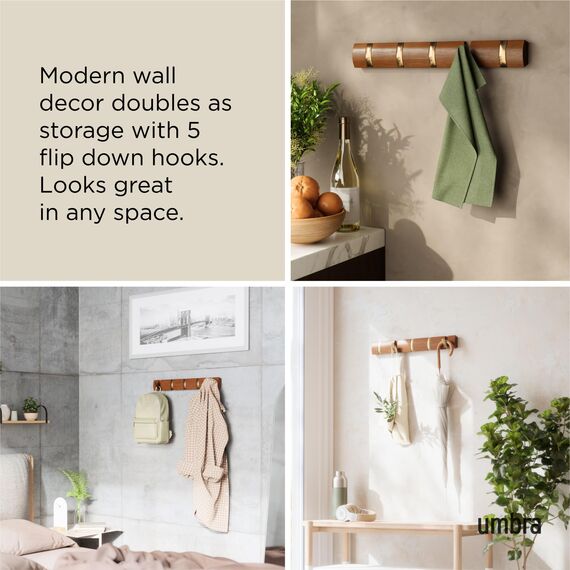 Umbra Flip 5 Garderobenhaken - Moderne, Schlichte und Platzsparende Garderobenleiste mit 5 Beweglichen Haken für Jacken, Mäntel, Schals, Handtaschen und Mehr, Helle Walnuss/Gold