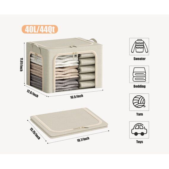 Furnhome Kleideraufbewahrungsbehälter mit 3 Öffnungen und Metallrahmen, faltbare Kleidung organisiert und aufbewahrt, Stoff-Aufbewahrungsbox mit transparentem Fenster, Beige, 40 l