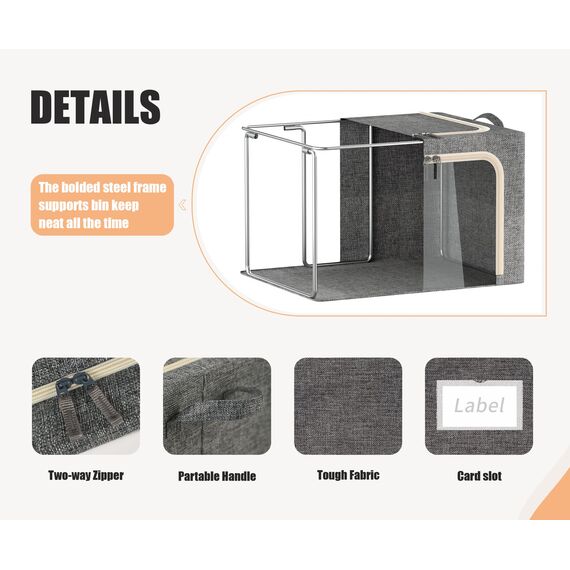 Große Kleideraufbewahrungskörbe mit Metallrahmen, faltbare Kleidung organisiert und aufbewahrt, Leinen-Aufbewahrungsbox mit transparentem Fenster, dunkelgrau, 66 l)