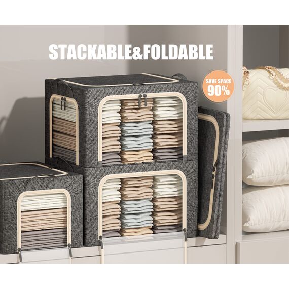 Kleideraufbewahrungsbehälter mit 3 Öffnungen und Metallrahmen, faltbare Kleidung organisiert und aufbewahrt, Stoff-Aufbewahrungsbox mit transparentem Fenster, Dunkelgrau, 40 l