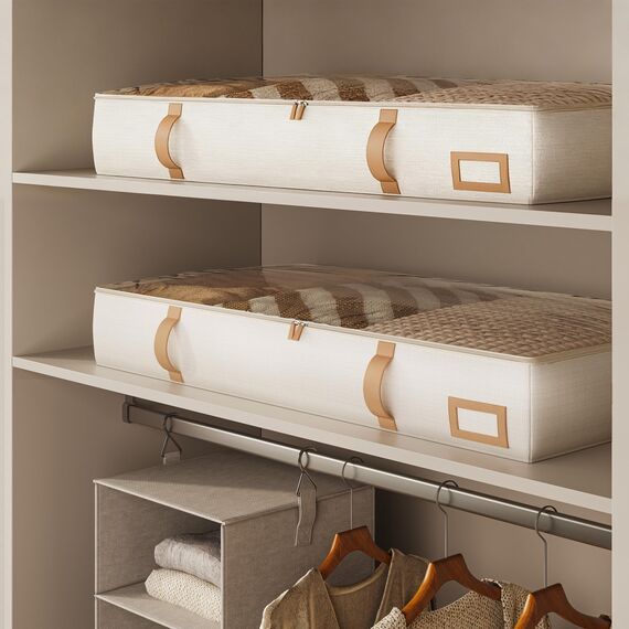 Vailando Unterbett-Aufbewahrungsbehälter, faltbare Aufbewahrungsbehälter für Decken, Bettdecke und saisonale Kleidung, 15,2 cm hoch, Beige mit braunen Ledergriffen, 2 Stück