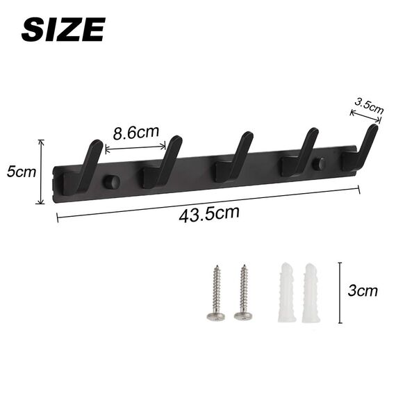 Sevenpers Kleiderhaken Hakenleiste, Garderobenhaken, Stabile Garderobenleiste- Schwarz Hakenleiste Wandgarderoben mit 5 Haken für Küche, Bad und Schlafzimmer