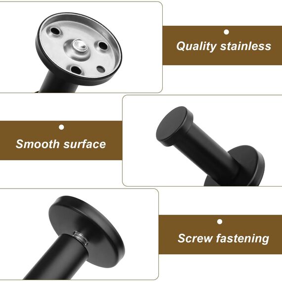 WJUAN 4er Set Garderobenhaken Edelstahl Schwarz | 53mm Handtuchhaken | Wandhaken mit 20kg Tragkraft & Montagezubehör | Kleiderhaken für Bad, Küche, Schlafzimmer