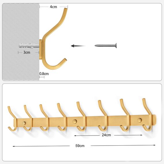 MEIJO Garderobenhaken Edelstahl, Hakenleiste Kleiderhaken Wand mit 8 Haken, Garderobe Garderobenleiste Wandgarderobe für Schlafzimmer Bad Küche (8 Haken, Golden)