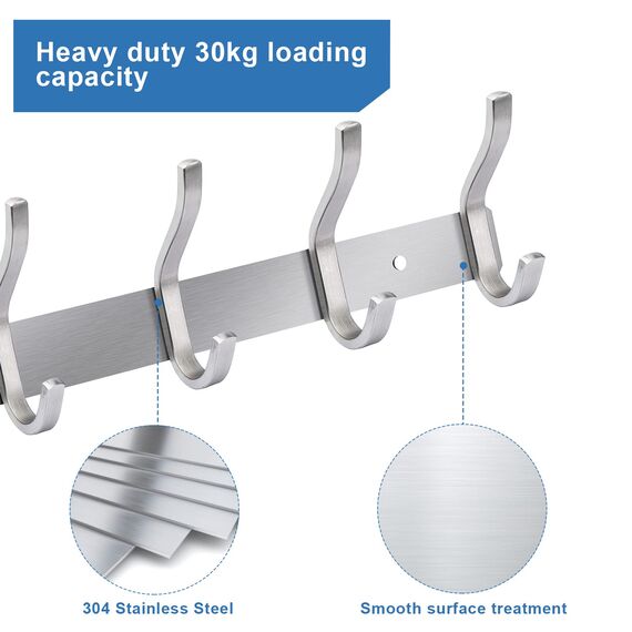MEIJO Garderobenhaken Edelstahl, Hakenleiste Kleiderhaken Wand mit 8 Haken, Garderobe Garderobenleiste Wandgarderobe für Schlafzimmer Bad Küche (Silber, 8 Haken 2 Stück)