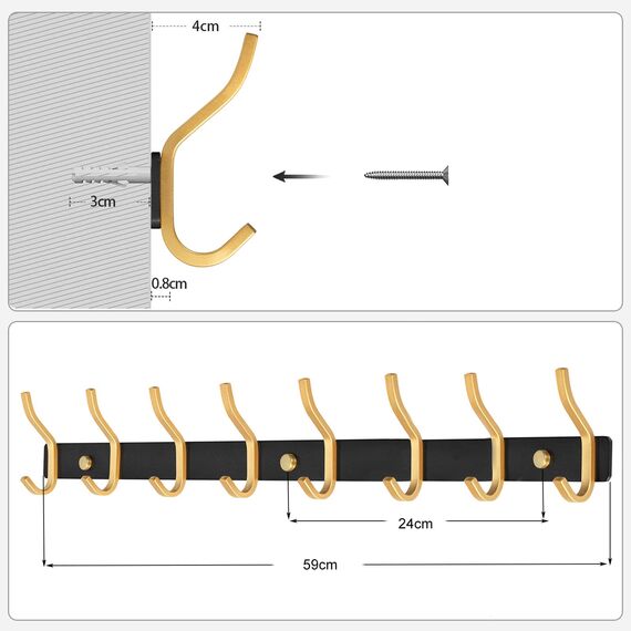 MEIJO Garderobenhaken Edelstahl, Hakenleiste Kleiderhaken Wand mit 8 Haken, Garderobe Garderobenleiste Wandgarderobe für Schlafzimmer Bad Küche (8 Haken, Schwarz & Golden)