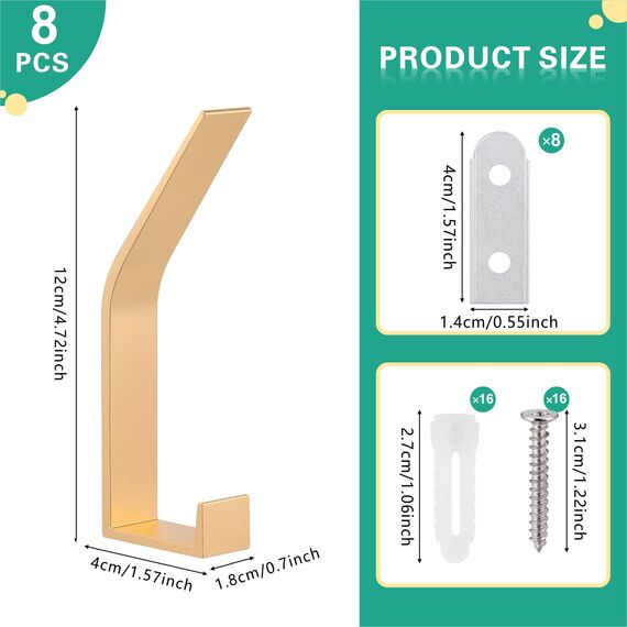 Kssvzz 8 Stück Golden kleiderhaken Wand zum Bohren-Schrauben unsichtbar, Moderne Garderobenhaken Garderobenleiste Wand für Garderobe, Jacken, Mäntel, Cap, Schals, Handtuch, Handtaschen und Mehr