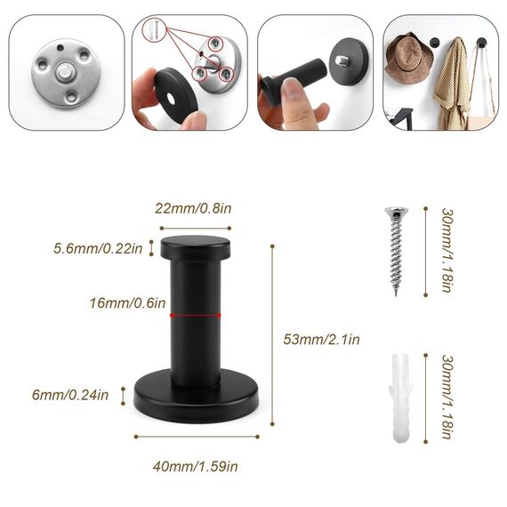 WJUAN 4er Set Garderobenhaken Edelstahl Schwarz | 53mm Handtuchhaken | Wandhaken mit 20kg Tragkraft & Montagezubehör | Kleiderhaken für Bad, Küche, Schlafzimmer