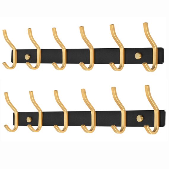 MEIJO Garderobenhaken Edelstahl, Hakenleiste Kleiderhaken Wand mit 6 Haken, Garderobe Garderobenleiste Wandgarderobe für Schlafzimmer Bad Küche (Schwarz & Golden, 6 Haken 2 Stück)