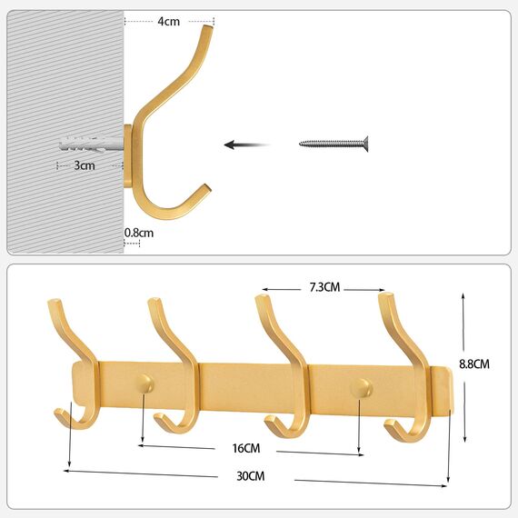 MEIJO Garderobenhaken Edelstahl, Hakenleiste Kleiderhaken Wand mit 4 Haken, Garderobe Garderobenleiste Wandgarderobe für Schlafzimmer Bad Küche (Golden, 4 Haken 2 Stück)