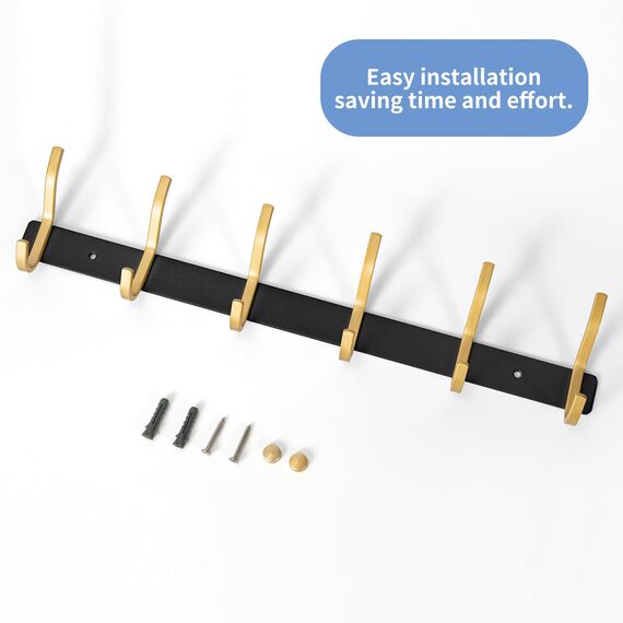 MEIJO Garderobenhaken Edelstahl, Hakenleiste Kleiderhaken Wand mit 6 Haken, Garderobe Garderobenleiste Wandgarderobe für Schlafzimmer Bad Küche (Schwarz & Golden, 6 Haken 2 Stück)
