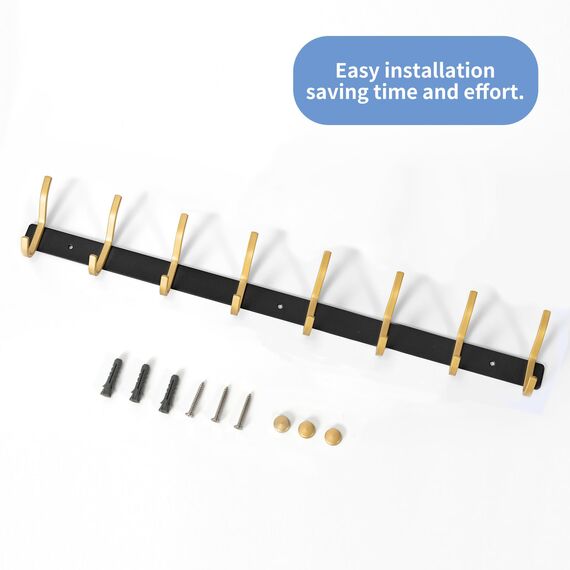 MEIJO Garderobenhaken Edelstahl, Hakenleiste Kleiderhaken Wand mit 8 Haken, Garderobe Garderobenleiste Wandgarderobe für Schlafzimmer Bad Küche (8 Haken 2 Stück, Schwarz & Golden)