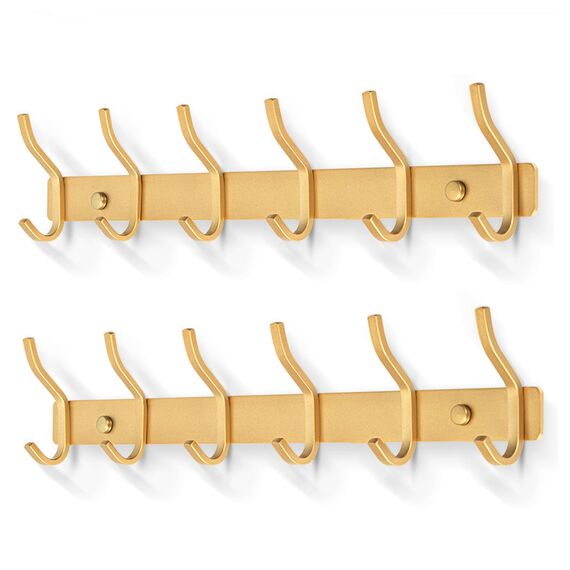 MEIJO Garderobenhaken Edelstahl, Hakenleiste Kleiderhaken Wand mit 6 Haken, Garderobe Garderobenleiste Wandgarderobe für Schlafzimmer Bad Küche (Golden, 6 Haken 2 Stück)