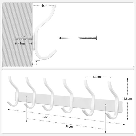 MEIJO Garderobenhaken Edelstahl, Hakenleiste Kleiderhaken Wand mit 6 Haken, Garderobe Garderobenleiste Wandgarderobe für Schlafzimmer Bad Küche (Weiß, 6 Haken)