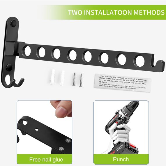 JOLY FANG Kleiderhaken klappbar, Wand Kleiderständer Wandhaken Klapphaken für Balkon Badezimmer Waschküche(Schwarz, 8 Löcher)