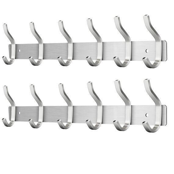 MEIJO Garderobenhaken Edelstahl, Hakenleiste Kleiderhaken Wand mit 6 Haken, Garderobe Garderobenleiste Wandgarderobe für Schlafzimmer Bad Küche (Silber, 6 Haken 2 Stück)