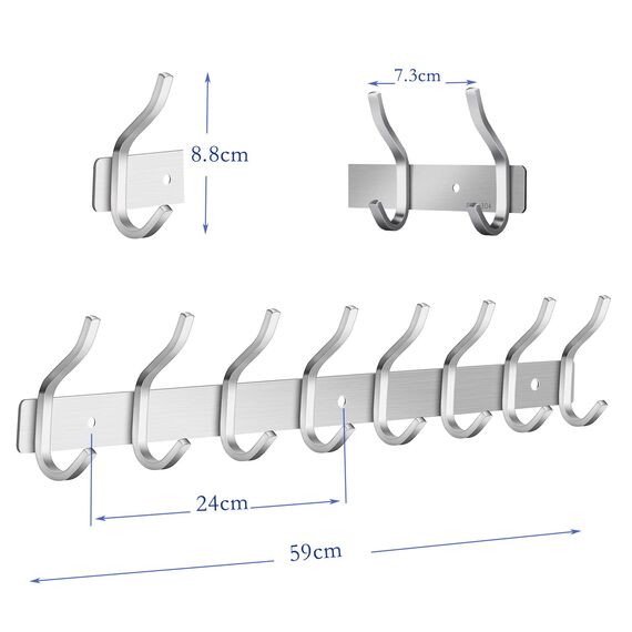 MEIJO Garderobenhaken Edelstahl, Hakenleiste Kleiderhaken Wand mit 8 Haken, Garderobe Garderobenleiste Wandgarderobe für Schlafzimmer Bad Küche (Silber, 8 Haken 2 Stück)