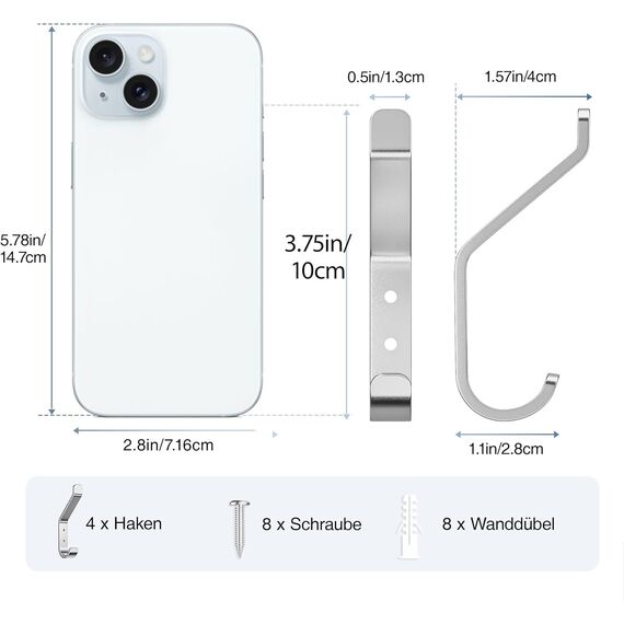 susswiff 10-Stück Garderobenhaken, Kleiderhaken zum Schrauben, Haken für Akustikpaneele, Schlafzimmer, Wohnzimmer, Badezimmer, Wandhaken für Garderobe, Jacken, Hut, Metall, Silber, 10CM