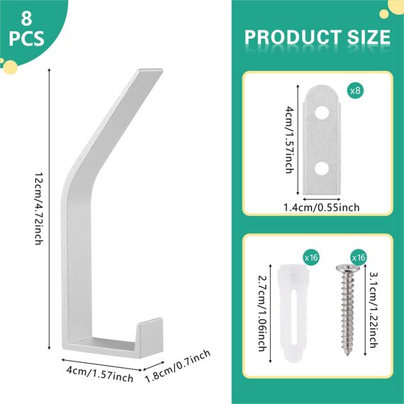 Kssvzz 8 Stück Kleiderhaken Wand zum Bohren-Schrauben unsichtbar, Moderne Garderobenhaken Garderobenleiste Wand für Jacken, Mäntel, Cap, Schals, Handtuch, Handtaschen und Mehr, Silbrig