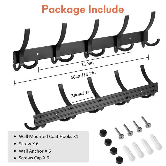 Optish 2 Stück Garderobenhaken mit 15 Haken, Kleiderhaken wand für Schlafzimmer Bad Küche, Hakenleiste Garderobe für Jacken, Mäntel, Taschen, Hüte und Schals bieten (Schwarz)