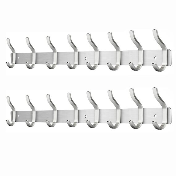 MEIJO Garderobenhaken Edelstahl, Hakenleiste Kleiderhaken Wand mit 8 Haken, Garderobe Garderobenleiste Wandgarderobe für Schlafzimmer Bad Küche (Silber, 8 Haken 2 Stück)