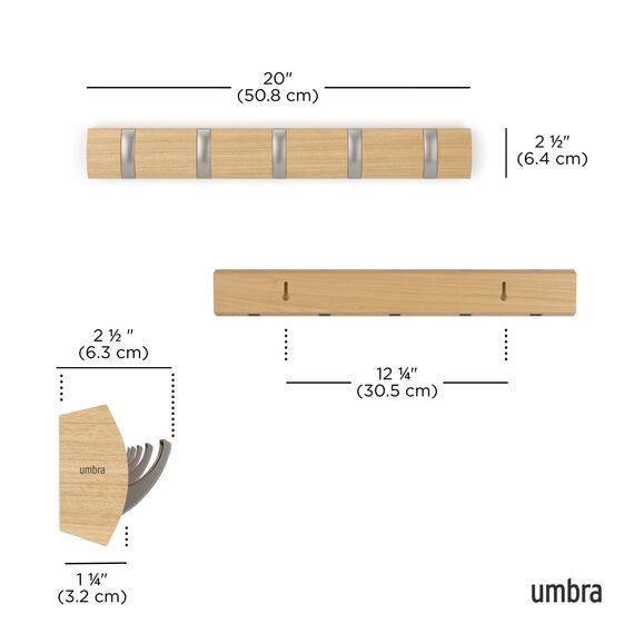 Umbra Flip 5 Garderobenhaken – Moderne, Schlichte und Platzsparende Garderobenleiste mit 5 Beweglichen Haken für Jacken, Mäntel, Schals, Handtaschen und Mehr, Natur/Nickel