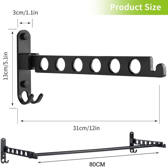 JOLY FANG Wand Kleiderlüfter, Kleiderständer kleiderhaken Klappbar mit Stange, Wandmontage Garderobenhaken für Schlafzimmer Waschküche(Schwarz, 2 Stück + Stange)