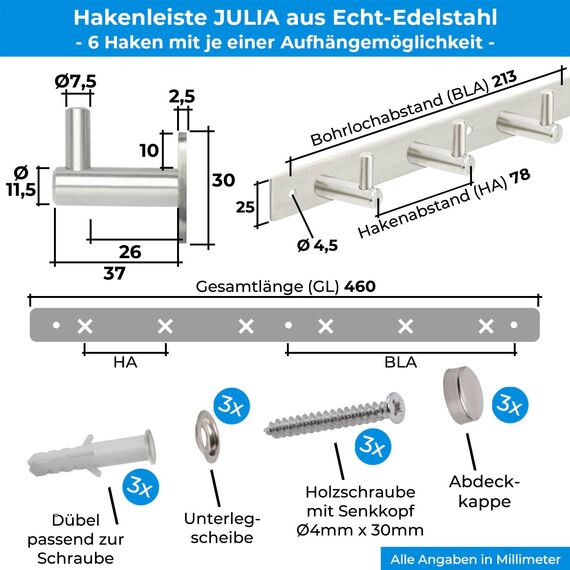Stahlia Hakenleiste EDELSTAHL gebürstet Garderobenleiste 6x Haken (L: 460mm) Modell:JULIA Wandgarderobe mit 1/4/6/8/10 Kleiderhaken Garderobenhaken Wandhaken