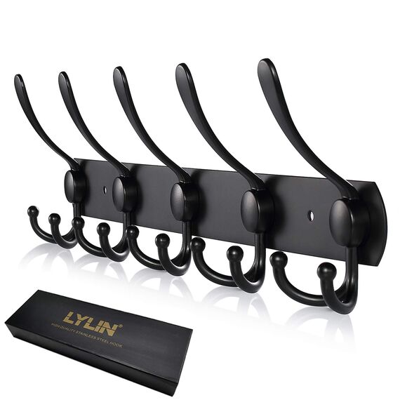 LYLIN kleiderhaken Hakenleiste, Garderobenhaken Edelstahl Rostfrei Handtuchhaken Wandhaken Garderobenleiste Vintage Jackenhalter Wand (Matt Schwarz, 15 Haken, 1Pcs)