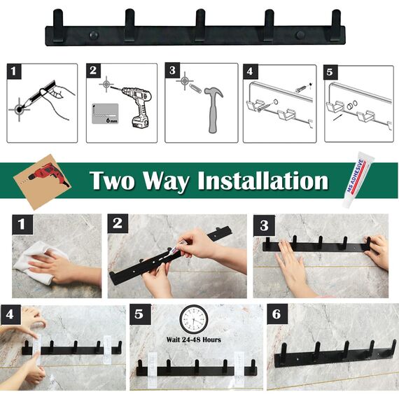 Sevenpers Kleiderhaken Hakenleiste, Garderobenhaken, Stabile Garderobenleiste- Schwarz Hakenleiste Wandgarderoben mit 5 Haken für Küche, Bad und Schlafzimmer