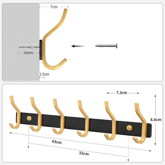 MEIJO Garderobenhaken Edelstahl, Hakenleiste Kleiderhaken Wand mit 6 Haken, Garderobe Garderobenleiste Wandgarderobe für Schlafzimmer Bad Küche (Schwarz & Golden, 6 Haken)