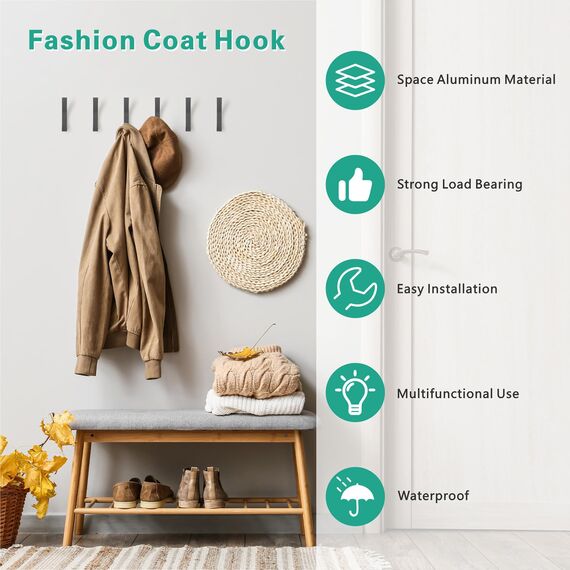 Kssvzz 8 Stück Grau kleiderhaken Wand zum Bohren-Schrauben unsichtbar, Moderne Garderobenhaken Garderobenleiste Wand für Jacken, Mäntel, Cap, Schals, Handtuch, Handtaschen und Mehr
