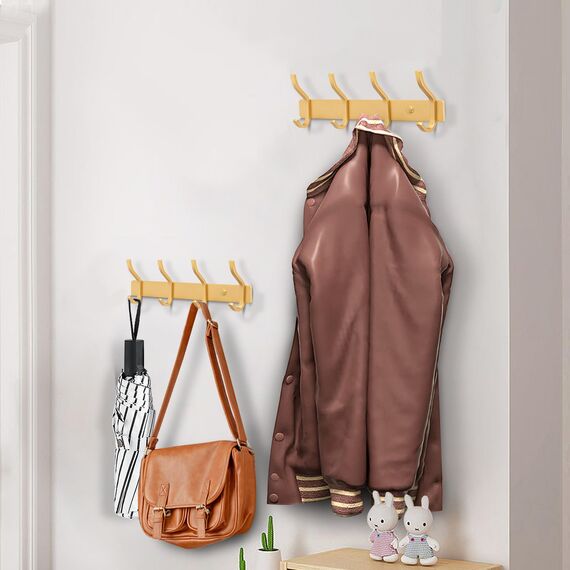 MEIJO Garderobenhaken Edelstahl, Hakenleiste Kleiderhaken Wand mit 4 Haken, Garderobe Garderobenleiste Wandgarderobe für Schlafzimmer Bad Küche (Golden, 4 Haken 2 Stück)