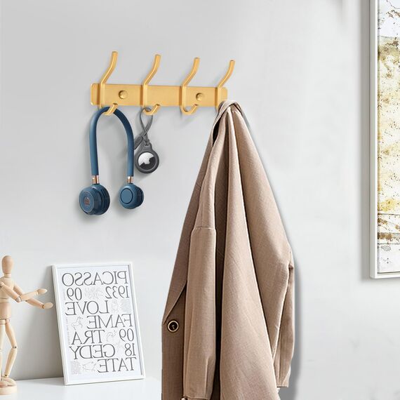 MEIJO Garderobenhaken Edelstahl, Hakenleiste Kleiderhaken Wand mit 4 Haken, Garderobe Garderobenleiste Wandgarderobe für Schlafzimmer Bad Küche (Golden, 4 Haken 2 Stück)