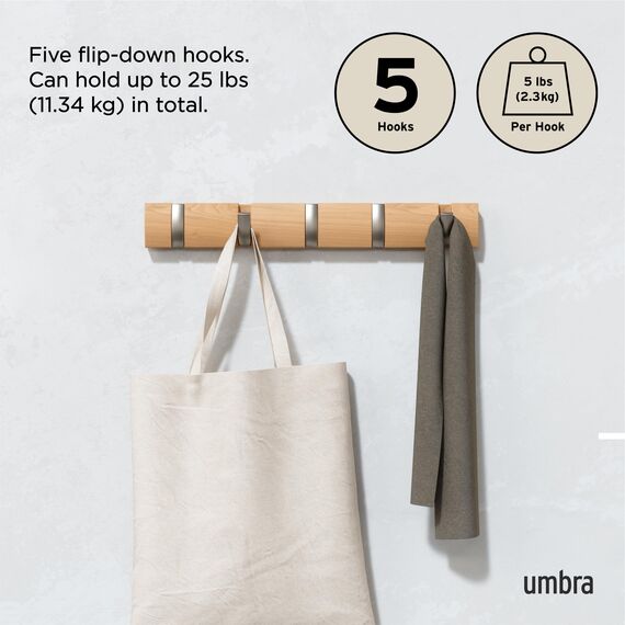 Umbra Flip 5 Garderobenhaken – Moderne, Schlichte und Platzsparende Garderobenleiste mit 5 Beweglichen Haken für Jacken, Mäntel, Schals, Handtaschen und Mehr, Natur/Nickel